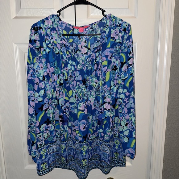Lilly Pulitzer Marilina Top Tunic Tassels Blue Grotto Twilight Tropics Sz Small - Picture 3 of 12